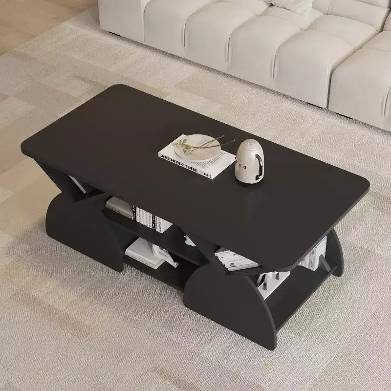 Table basse rectangulaire, Rectangulaire arrondie, Étagères ouvertes, Montage facile, Cadre robuste, Design géométrique moderne pour salons et salles de réception