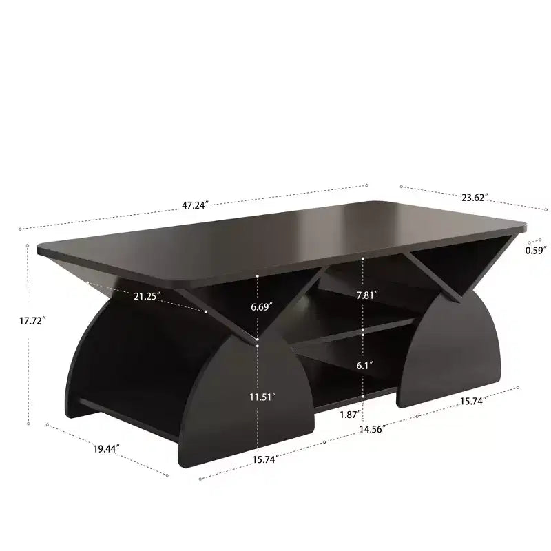 Table basse rectangulaire, Rectangulaire arrondie, Étagères ouvertes, Montage facile, Cadre robuste, Design géométrique moderne pour salons et salles de réception