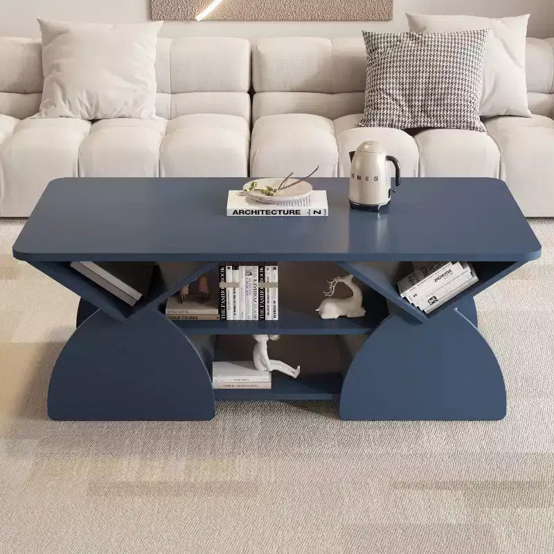 Table basse rectangulaire, Rectangulaire arrondie, Étagères ouvertes, Montage facile, Cadre robuste, Design géométrique moderne pour salons et salles de réception