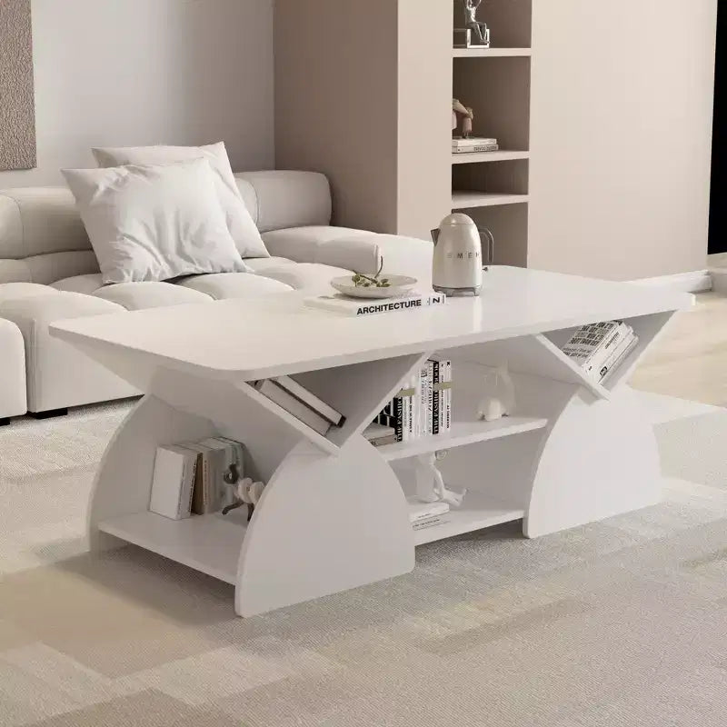 Table basse rectangulaire, Rectangulaire arrondie, Étagères ouvertes, Montage facile, Cadre robuste, Design géométrique moderne pour salons et salles de réception