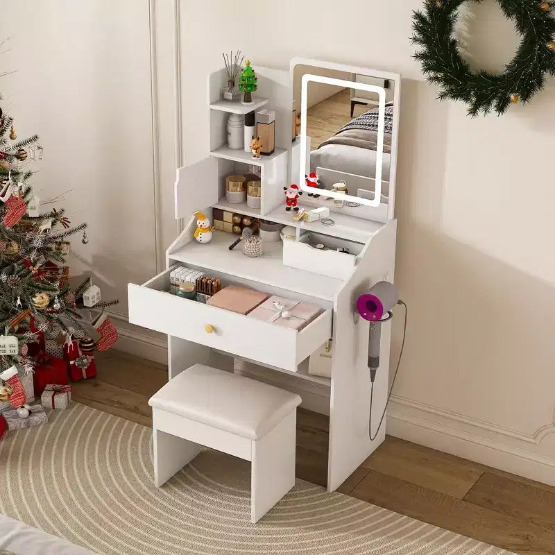 Coiffeuse compacte Okak avec miroir réglable 3 couleurs, coiffeuse avec 2 tiroirs et 5 étagères, table de maquillage avec tabouret pour chambre à coucher, blanc