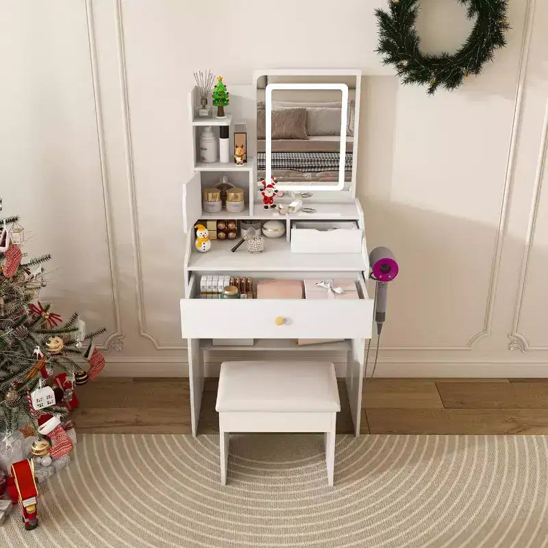 Coiffeuse compacte Okak avec miroir réglable 3 couleurs, coiffeuse avec 2 tiroirs et 5 étagères, table de maquillage avec tabouret pour chambre à coucher, blanc
