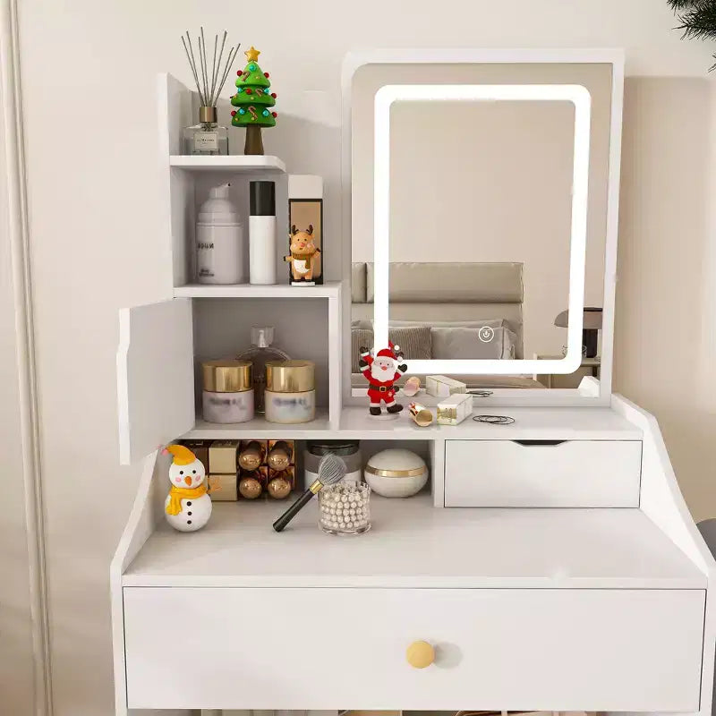 Coiffeuse compacte Okak avec miroir réglable 3 couleurs, coiffeuse avec 2 tiroirs et 5 étagères, table de maquillage avec tabouret pour chambre à coucher, blanc