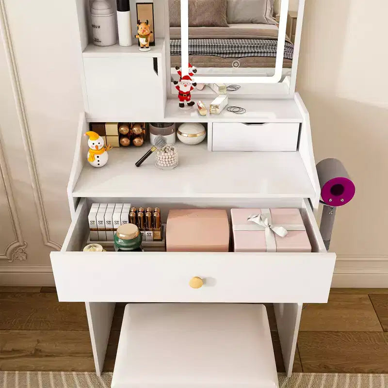 Coiffeuse compacte Okak avec miroir réglable 3 couleurs, coiffeuse avec 2 tiroirs et 5 étagères, table de maquillage avec tabouret pour chambre à coucher, blanc