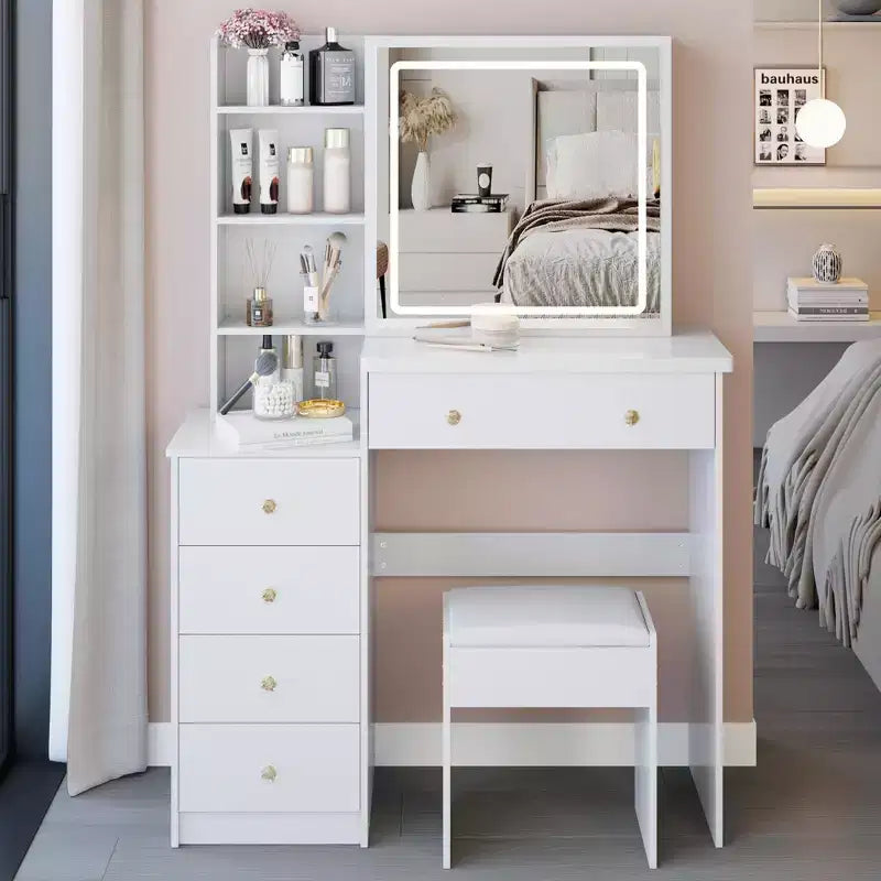 Okak 37 Vanity Table with Cushioned Stool and Large Sliding Mirror, Makeup Vanity with High Capacity Storage, Dressing Table for Home, White