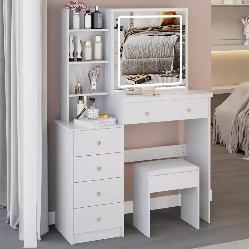 Coiffeuse Okak 37 avec tabouret rembourré et grand miroir coulissant, coiffeuse avec rangement haute capacité, table de maquillage pour la maison, blanc