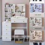 Coiffeuse Okak 37 avec tabouret rembourré et grand miroir coulissant, coiffeuse avec rangement haute capacité, table de maquillage pour la maison, blanc