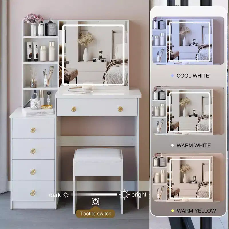Coiffeuse Okak 37 avec tabouret rembourré et grand miroir coulissant, coiffeuse avec rangement haute capacité, table de maquillage pour la maison, blanc