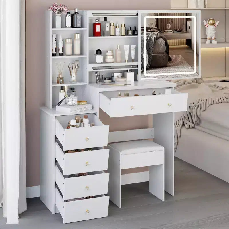 Coiffeuse Okak 37 avec tabouret rembourré et grand miroir coulissant, coiffeuse avec rangement haute capacité, table de maquillage pour la maison, blanc