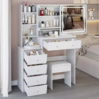 Coiffeuse Okak 37 avec tabouret rembourré et grand miroir coulissant, coiffeuse avec rangement haute capacité, table de maquillage pour la maison, blanc