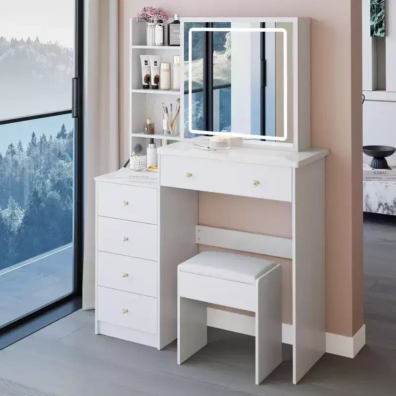 Coiffeuse Okak 37 avec tabouret rembourré et grand miroir coulissant, coiffeuse avec rangement haute capacité, table de maquillage pour la maison, blanc
