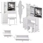 Coiffeuse Okak 37 avec tabouret rembourré et grand miroir coulissant, coiffeuse avec rangement haute capacité, table de maquillage pour la maison, blanc
