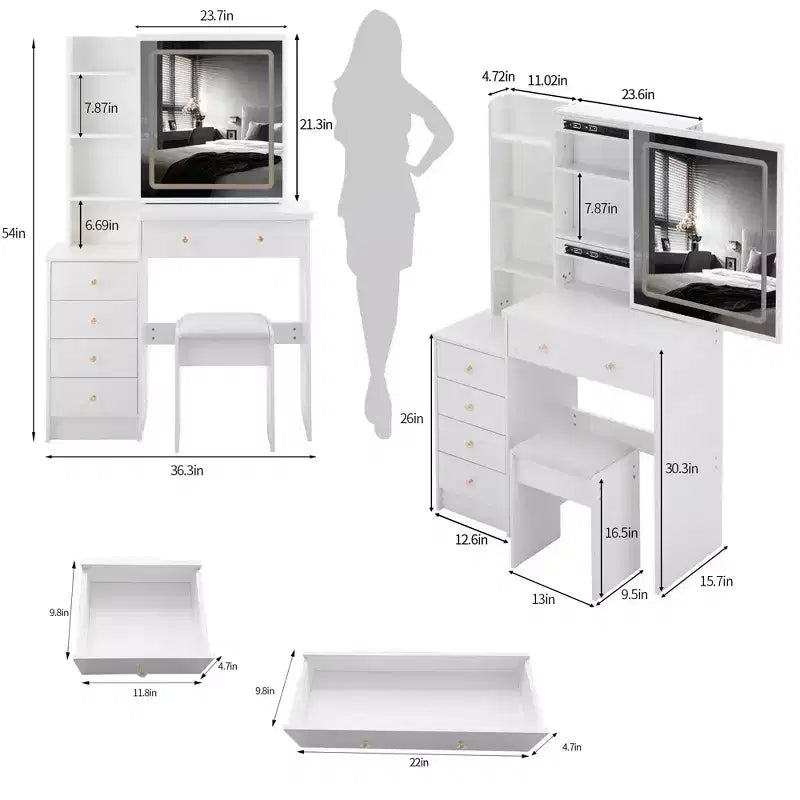 Coiffeuse Okak 37 avec tabouret rembourré et grand miroir coulissant, coiffeuse avec rangement haute capacité, table de maquillage pour la maison, blanc