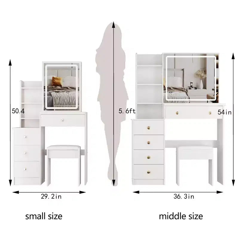 Coiffeuse Okak 37 avec tabouret rembourré et grand miroir coulissant, coiffeuse avec rangement haute capacité, table de maquillage pour la maison, blanc