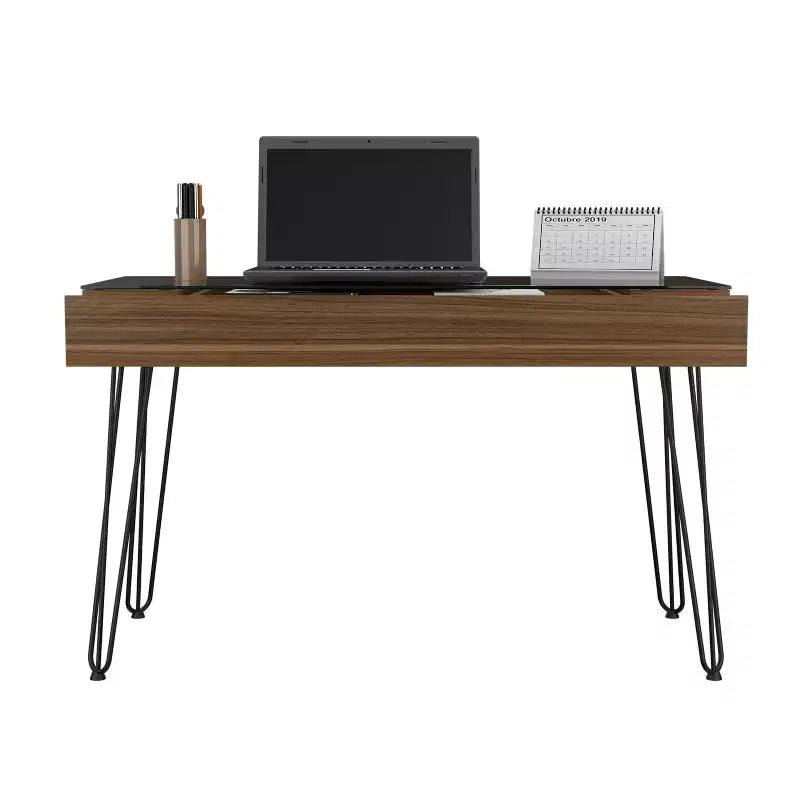Bureau d'écriture TUYOHW, Bureau d'ordinateur industriel avec un tiroir spacieux, Pieds épingles, Plateau en verre transparent, Bureau d'étude moderne pour bureau à domicile, étude, chambre à coucher