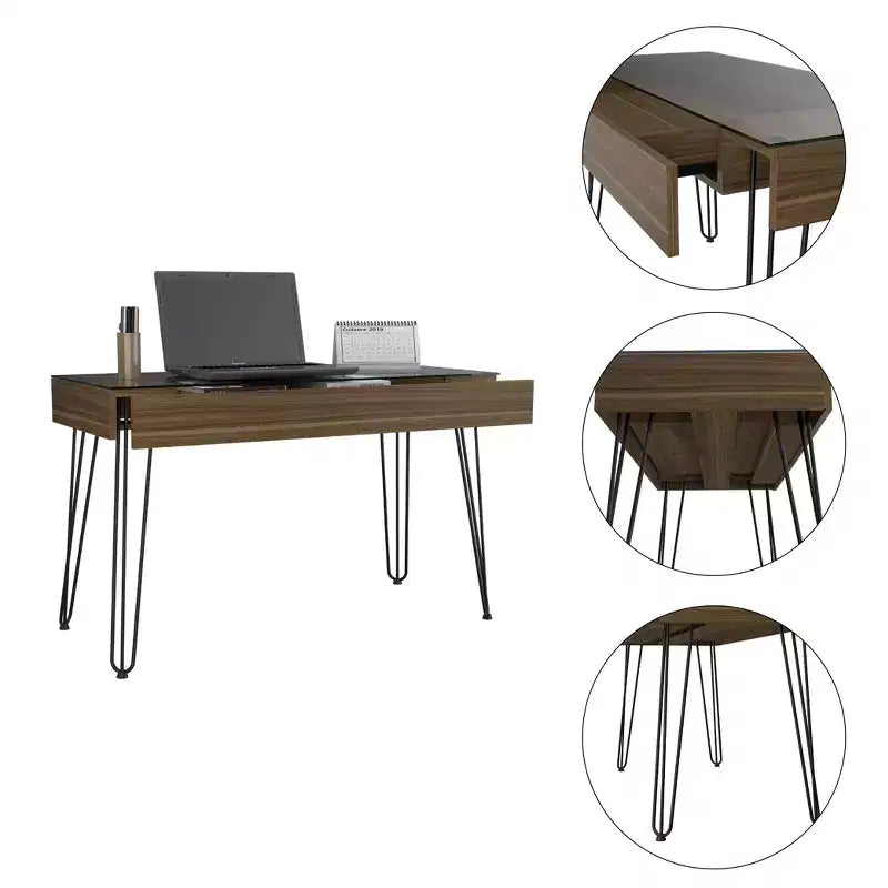 Bureau d'écriture TUYOHW, Bureau d'ordinateur industriel avec un tiroir spacieux, Pieds épingles, Plateau en verre transparent, Bureau d'étude moderne pour bureau à domicile, étude, chambre à coucher