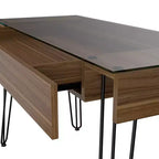 Bureau d'écriture TUYOHW, Bureau d'ordinateur industriel avec un tiroir spacieux, Pieds épingles, Plateau en verre transparent, Bureau d'étude moderne pour bureau à domicile, étude, chambre à coucher