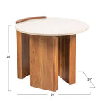 Table d'appoint semi-fermée Storied Home en marbre rond et bois de manguier avec finition naturelle