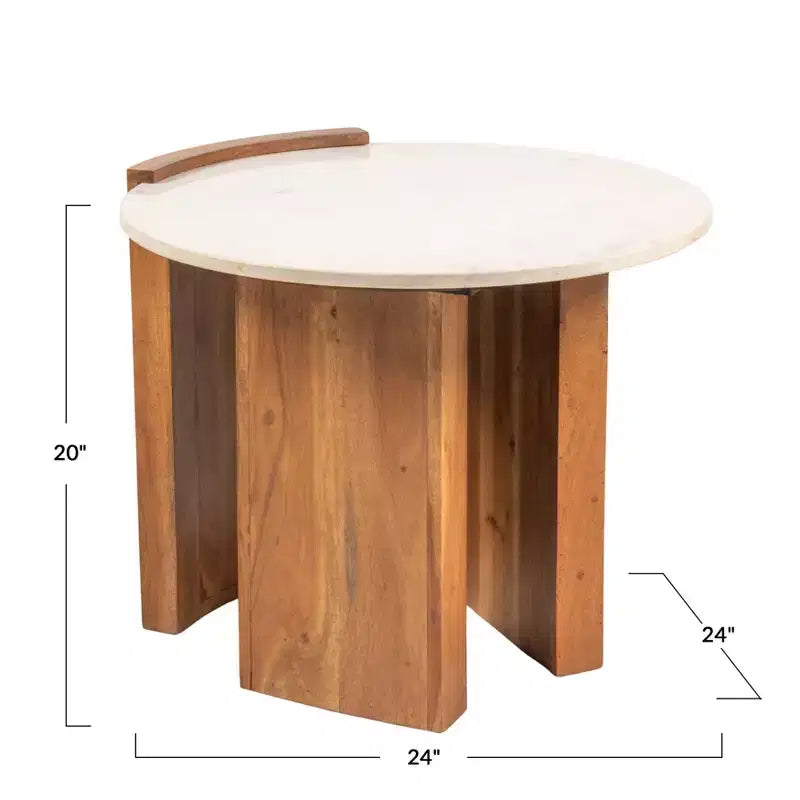 Table d'appoint semi-fermée Storied Home en marbre rond et bois de manguier avec finition naturelle