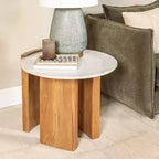 Table d'appoint semi-fermée Storied Home en marbre rond et bois de manguier avec finition naturelle