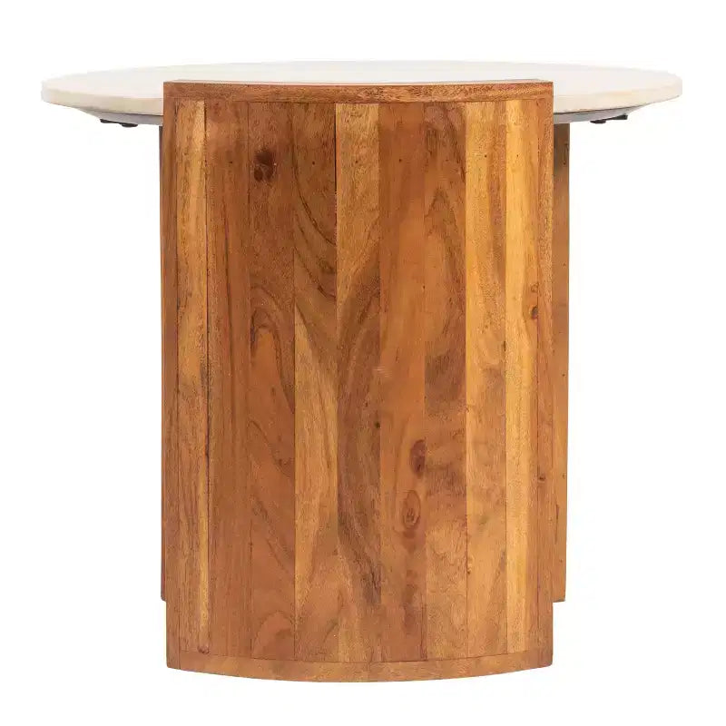 Table d'appoint semi-fermée Storied Home en marbre rond et bois de manguier avec finition naturelle