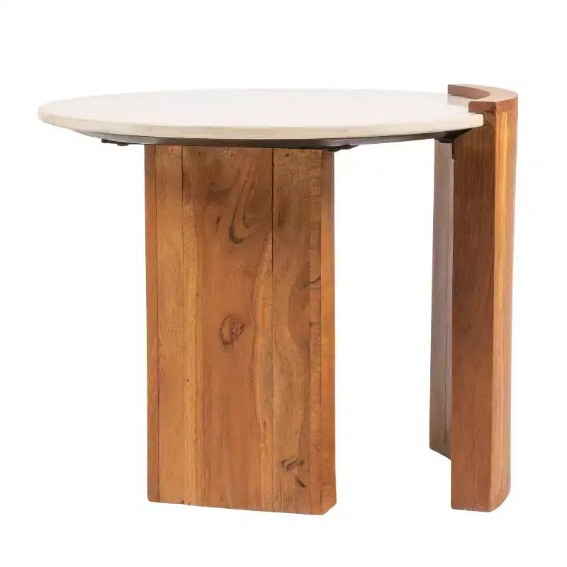 Table d'appoint semi-fermée Storied Home en marbre rond et bois de manguier avec finition naturelle