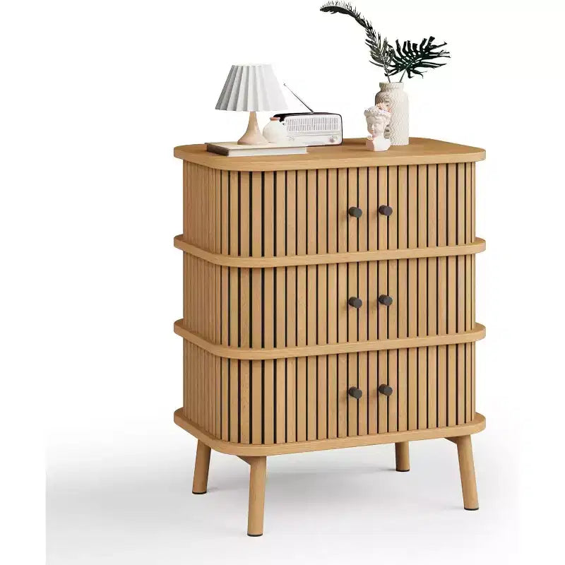 Modern 3-Drawer Storage Cabinet with Sliding Door, Natural Wicker & Wooden Legs Dresser, Bedside Table for Bedroom, Hallway, or Living Room