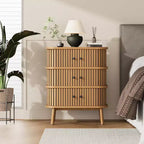 Commode moderne à 3 tiroirs avec porte coulissante, en osier naturel et pieds en bois, table de chevet pour chambre, couloir ou salon