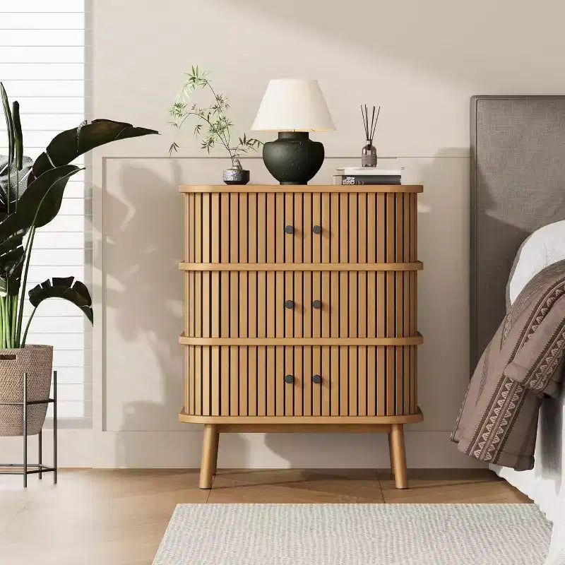Commode moderne à 3 tiroirs avec porte coulissante, en osier naturel et pieds en bois, table de chevet pour chambre, couloir ou salon