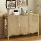 JVNOXK Buffet moderne ondulé en U à 3 tiroirs avec crochets et meuble de rangement avec pied central, convient pour les salons, finition naturelle