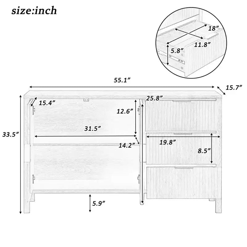JVNOXK Buffet moderne ondulé en U à 3 tiroirs avec crochets et meuble de rangement avec pied central, convient pour les salons, finition naturelle