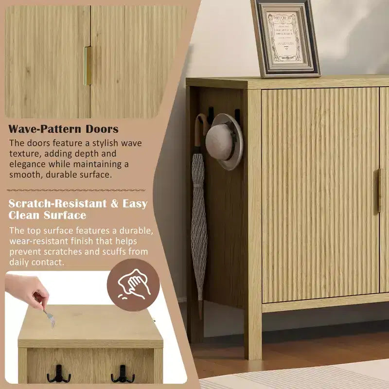JVNOXK Buffet moderne ondulé en U à 3 tiroirs avec crochets et meuble de rangement avec pied central, convient pour les salons, finition naturelle