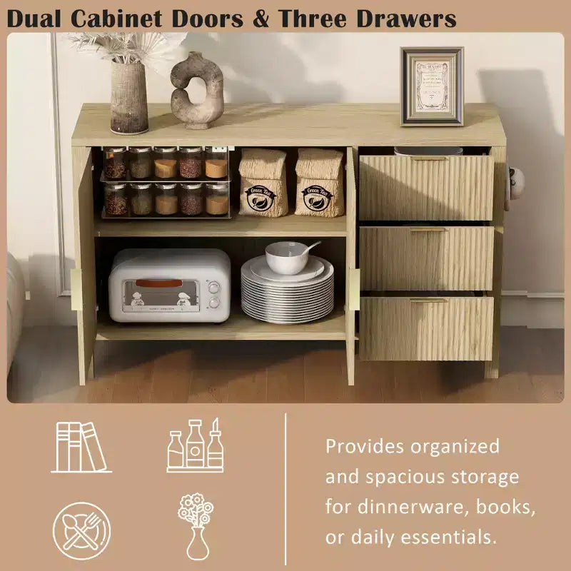 JVNOXK Buffet moderne ondulé en U à 3 tiroirs avec crochets et meuble de rangement avec pied central, convient pour les salons, finition naturelle