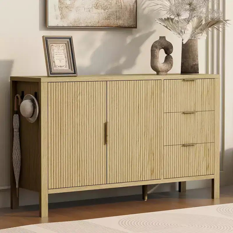 JVNOXK Buffet moderne ondulé en U à 3 tiroirs avec crochets et meuble de rangement avec pied central, convient pour les salons, finition naturelle