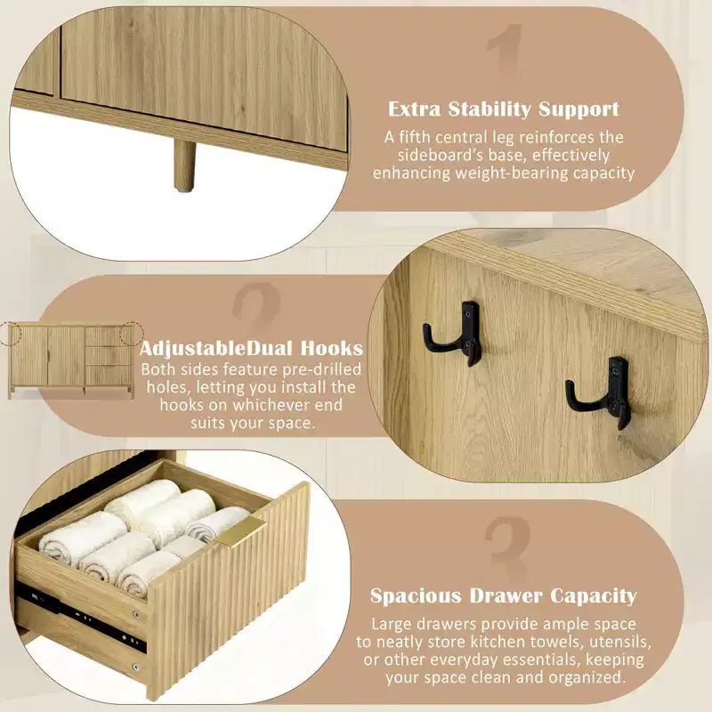 JVNOXK Buffet moderne ondulé en U à 3 tiroirs avec crochets et meuble de rangement avec pied central, convient pour les salons, finition naturelle