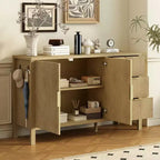 JVNOXK Buffet moderne ondulé en U à 3 tiroirs avec crochets et meuble de rangement avec pied central, convient pour les salons, finition naturelle