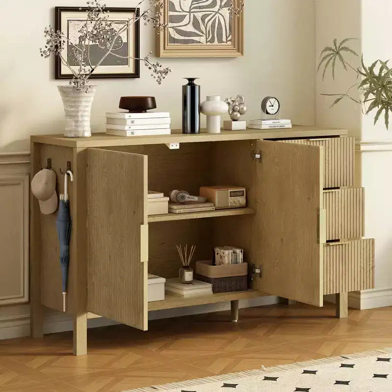 JVNOXK Buffet moderne ondulé en U à 3 tiroirs avec crochets et meuble de rangement avec pied central, convient pour les salons, finition naturelle
