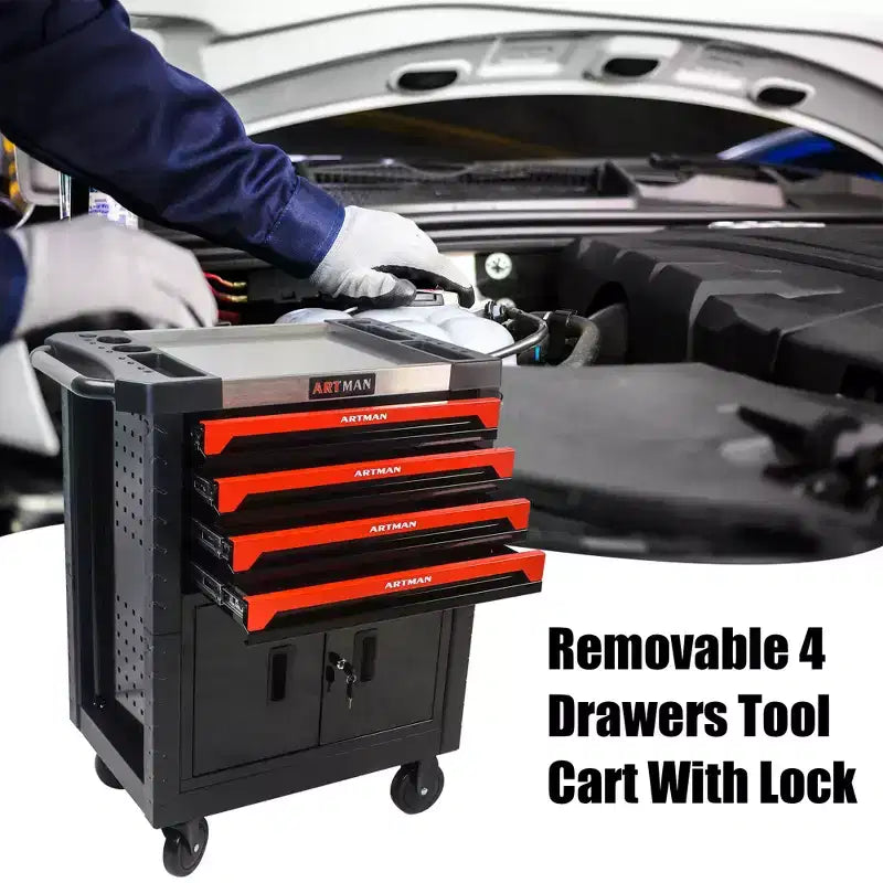 Servante d'atelier roulante 4 tiroirs avec roues, armoire de rangement à outils robuste et verrouillable pour garage et atelier