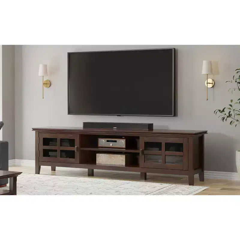 Meuble TV bas de transition Stratford de 72 pouces de large en bois massif pour téléviseurs jusqu'à 80 pouces