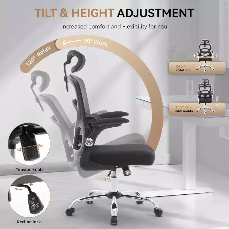 Fauteuil de bureau ergonomique en maille Acekool avec appui-tête et support lombaire réglables, chaise de bureau pivotante à dossier haut pour la maison ou le bureau