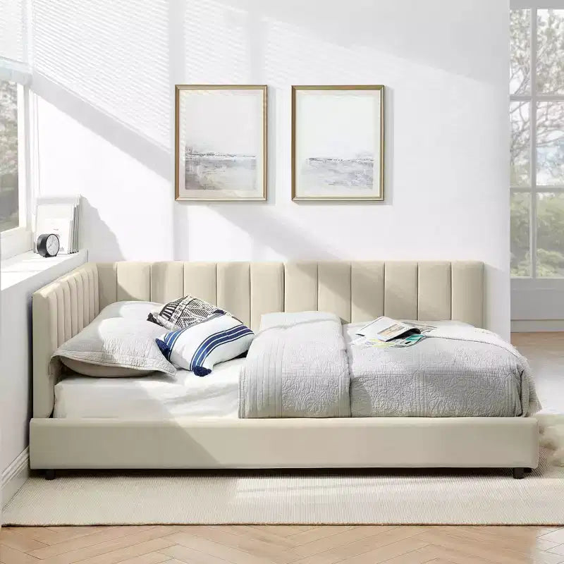 MAYEERTY Full Size Upholstered Tufted Bed Frame with Backrest and Armrests for Bedroom Beige