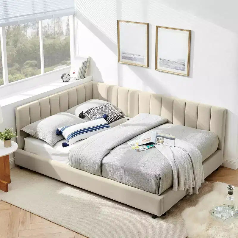 MAYEERTY Cadre de lit double rembourré capitonné avec dossier et accoudoirs pour chambre à coucher Beige