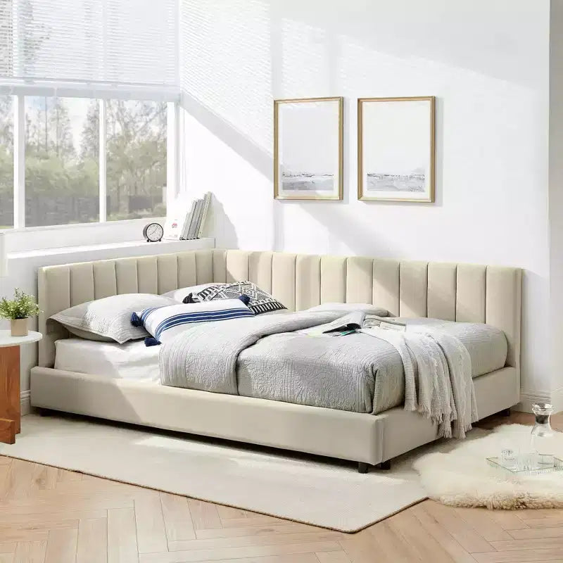 MAYEERTY Cadre de lit double rembourré capitonné avec dossier et accoudoirs pour chambre à coucher Beige