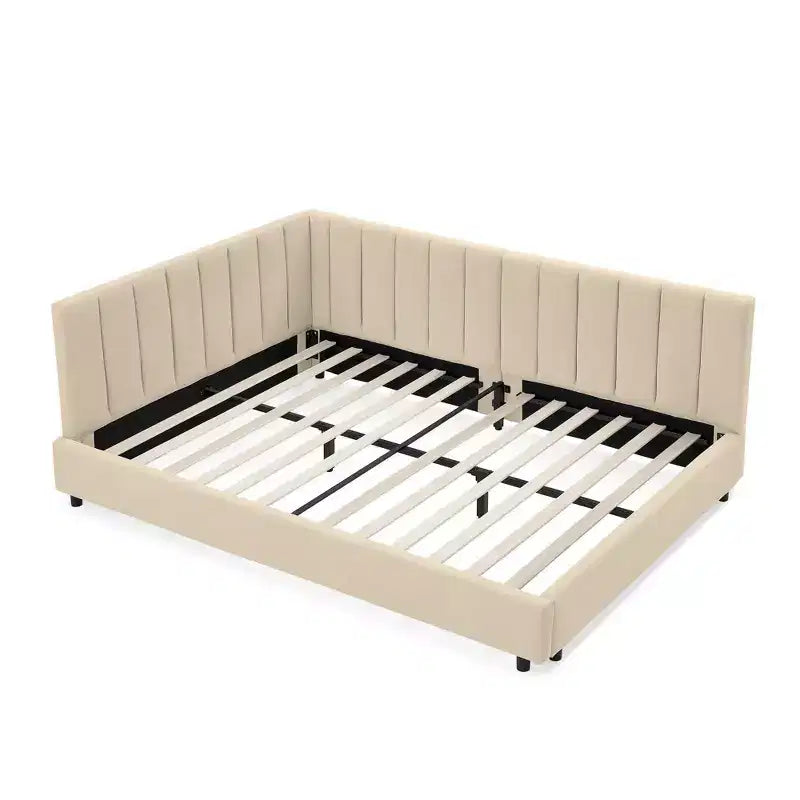 MAYEERTY Cadre de lit double rembourré capitonné avec dossier et accoudoirs pour chambre à coucher Beige