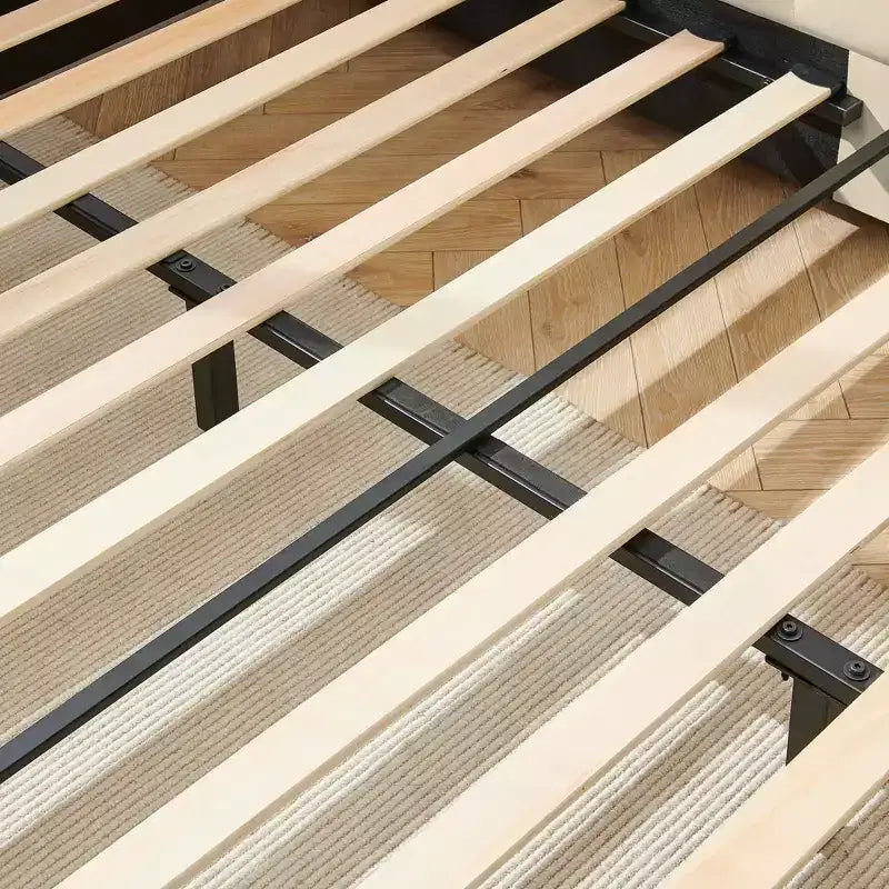 MAYEERTY Cadre de lit double rembourré capitonné avec dossier et accoudoirs pour chambre à coucher Beige