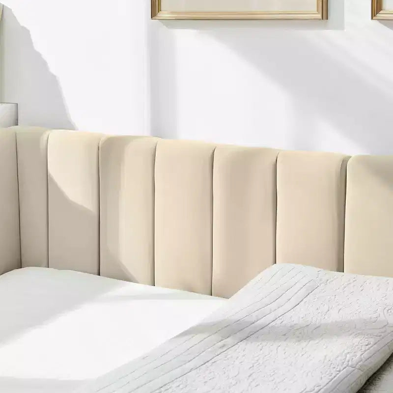 MAYEERTY Cadre de lit double rembourré capitonné avec dossier et accoudoirs pour chambre à coucher Beige