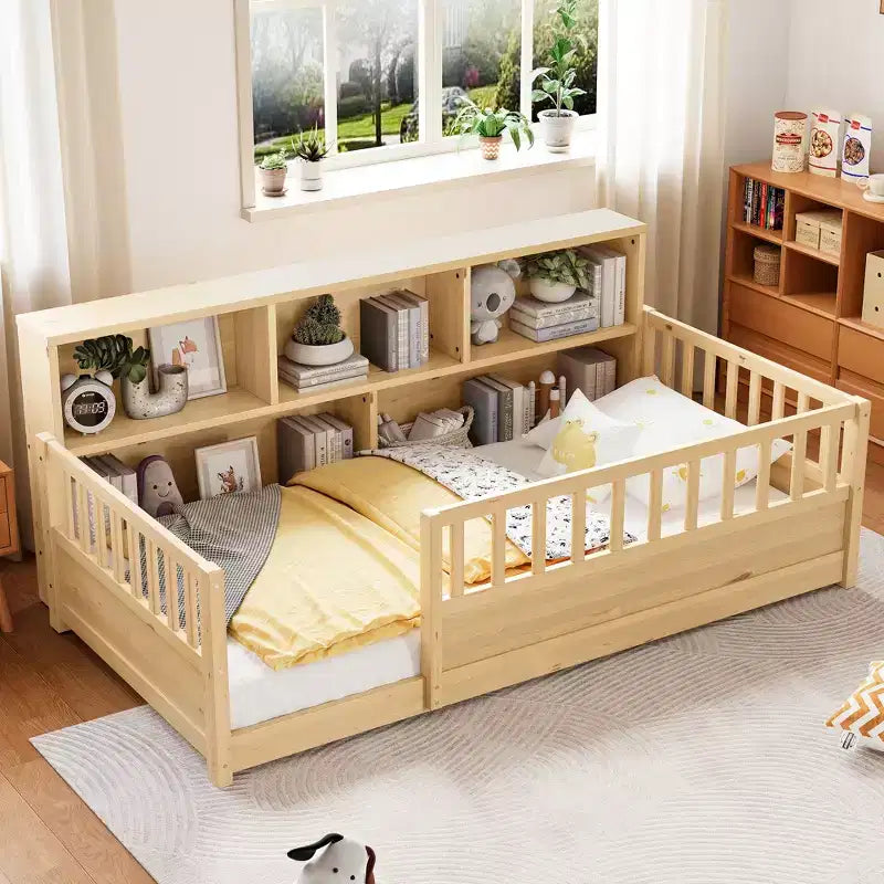 GDFStudio Cissie Modern Pinewood Guardrail Floor Bed with Side Storage