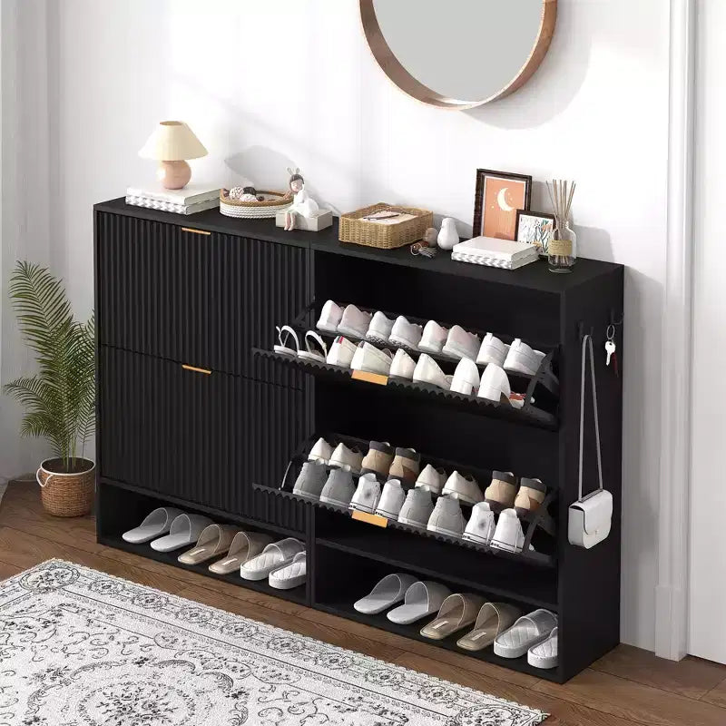 Meuble à Chaussures Cannnelé avec 2 Tiroirs Abattants & Étagère Ouverte Inférieure pour Entrée, Meuble à Chaussures Étroit avec Crochets Latéraux