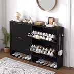 Meuble à Chaussures Cannnelé avec 2 Tiroirs Abattants & Étagère Ouverte Inférieure pour Entrée, Meuble à Chaussures Étroit avec Crochets Latéraux
