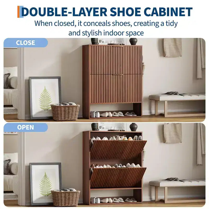 Meuble à Chaussures Cannnelé avec 2 Tiroirs Abattants & Étagère Ouverte Inférieure pour Entrée, Meuble à Chaussures Étroit avec Crochets Latéraux